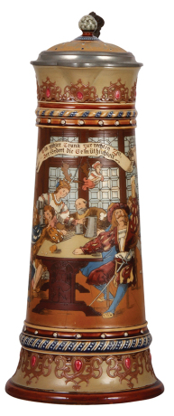 Mettlach stein, 3.0L, 16.5'' ht., 2206, etched, inlaid lid, mint.