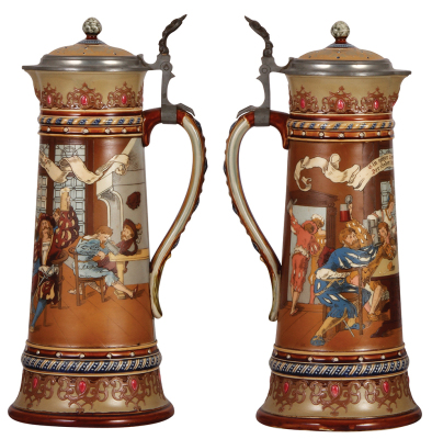 Mettlach stein, 3.0L, 16.5'' ht., 2206, etched, inlaid lid, mint. - 2