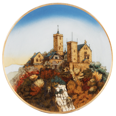 Mettlach plaque, 17.4" d., 2361A, etched, Wartburg Castle, some gold rim wear, otherwise mint. 