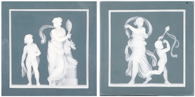 Pair Mettlach plaques, 8.0" x 8.0", 7073 & 7074, phanolith, by Stahl, both mint.