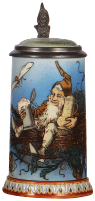 Mettlach stein, .5L, 2134, etched, by H. Schlitt, inlaid lid, .25" shallow chip on upper rim.