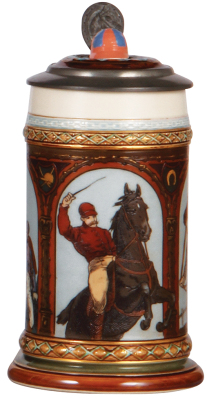 Mettlach stein, .5L, 1733, etched, Jockey, by C. Warth, inlaid lid, mint.