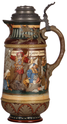 Mettlach stein, 5.2L, 17.1'' ht., 2205, Diana, original pewter lid, mint. - 2