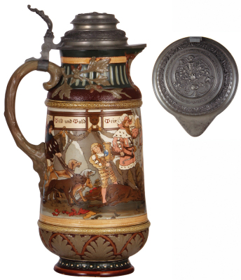 Mettlach stein, 5.2L, 17.1'' ht., 2205, Diana, original pewter lid, mint. - 3