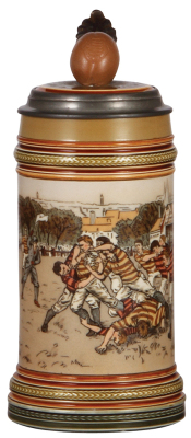 Mettlach stein, .5L, 2324, etched, Rugby, figural inlaid lid, has a non-working music box under base, mint.