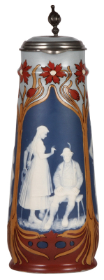 Mettlach stein, 2.3L, 14.5" ht., 2757, cameo, inlaid lid, mint.