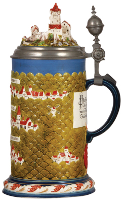 Mettlach stein, 3.8L, 15.9'' ht., 2038, decorated relief, Rodenstein, inlaid lid, mint. - 2