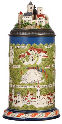 Mettlach stein, 3.8L, 15.6" ht., 2824, decorated relief, Wartburg, inlaid lid, mint.