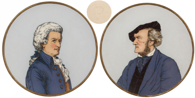 Pair Mettlach plaques, 13.2" d., not numbered, etched, Wagner and Beethoven, marked P [Probe], very rare, believed not to have been put into general production for sale, one has a flake in the rear, otherwise mint.