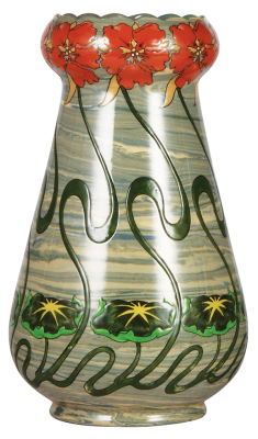 Mettlach vase, 14.0" ht., 2668, hand-engraved and glazed, rare, excellent repair of 1" top rim line.