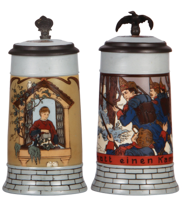 Two Mettlach steins, .5L, 2832, etched, inlaid lid, flake on edge of inlay; with, .5L, 2833E, etched, inlaid lid, mint.