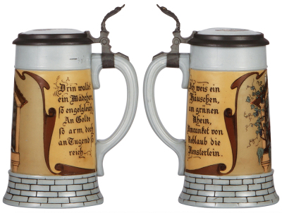 Two Mettlach steins, .5L, 2832, etched, inlaid lid, flake on edge of inlay; with, .5L, 2833E, etched, inlaid lid, mint. - 2