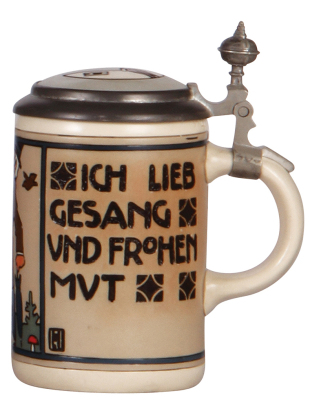 Mettlach stein, .5L, 3172, etched, by L. Hohlwein, inlaid lid, mint. - 2