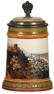 Mettlach stein, .3L, 2277, etched, Heidelberg, inlaid lid, mint.