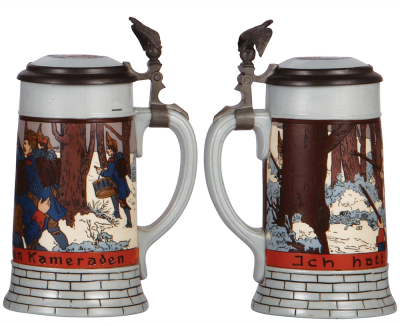 Two Mettlach steins, .5L, 2832, etched, inlaid lid, flake on edge of inlay; with, .5L, 2833E, etched, inlaid lid, mint. - 3