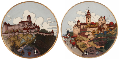 Pair Mettlach plaques, 17.5" d., 3182 & 3183, etched, Hohkönigsburg & Nürnberg, 3183 has some gold rim wear, otherwise mint.