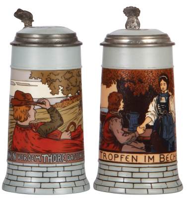 Two Mettlach steins, .5L, 2833A, etched, inlaid lid, mint; with, .5L, 2833C, etched, inlaid lid, mint.