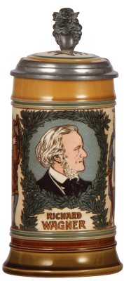 Mettlach stein, .5L, 2798, etched, Richard Wagner, inlaid lid, mint.