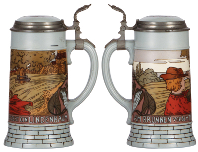 Two Mettlach steins, .5L, 2833A, etched, inlaid lid, mint; with, .5L, 2833C, etched, inlaid lid, mint. - 2