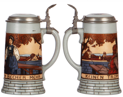 Two Mettlach steins, .5L, 2833A, etched, inlaid lid, mint; with, .5L, 2833C, etched, inlaid lid, mint. - 3