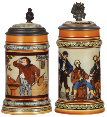 Two Mettlach steins, .5L, 1995, etched, inlaid lid, mint; with, .5L, 1471, etched, inlaid lid, by C. Warth, mint.