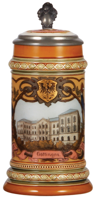 Mettlach stein, .5L, 1742, etched, Gottingen, inlaid lid, mint.