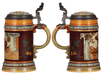 Two Mettlach steins, .5L, 1995, etched, inlaid lid, mint; with, .5L, 1471, etched, inlaid lid, by C. Warth, mint. - 2