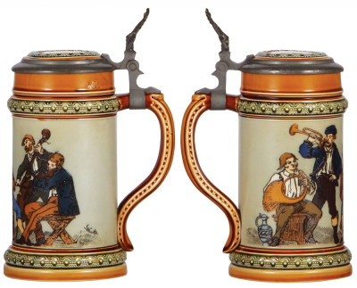 Two Mettlach steins, .5L, 1995, etched, inlaid lid, mint; with, .5L, 1471, etched, inlaid lid, by C. Warth, mint. - 3