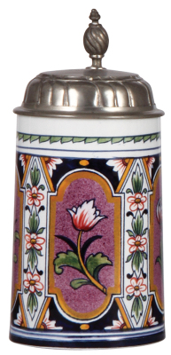 Mettlach stein, .5L, 5019, Faience, pewter lid, later pewter inscription dated 1967, mint.