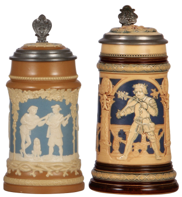Two Mettlach steins, .5L, 2547, relief, inlaid lid, mint; with, .5L, 2131, relief, inlaid lid, mint.