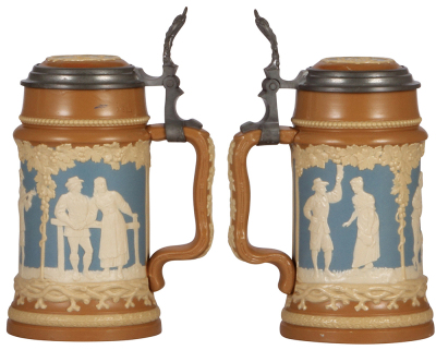 Two Mettlach steins, .5L, 2547, relief, inlaid lid, mint; with, .5L, 2131, relief, inlaid lid, mint. - 2