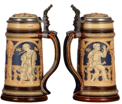Two Mettlach steins, .5L, 2547, relief, inlaid lid, mint; with, .5L, 2131, relief, inlaid lid, mint. - 3