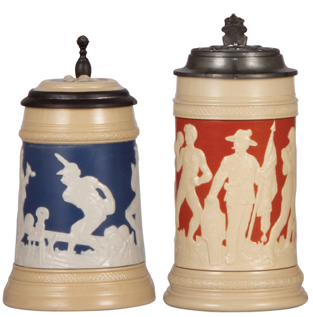 Two Mettlach steins, .5L, 2182, relief, inlaid lid, mint; with, .5L, 2278, relief, by Stahl, pewter lid, mint.