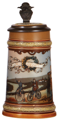 Mettlach stein, .5L, 2190, etched, inlaid lid, mint.