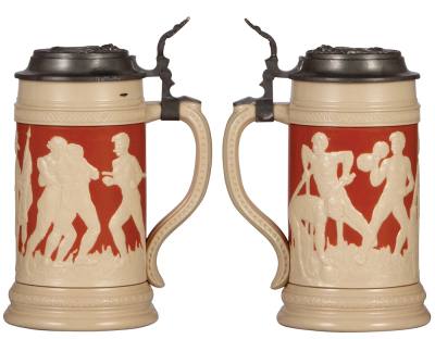 Two Mettlach steins, .5L, 2182, relief, inlaid lid, mint; with, .5L, 2278, relief, by Stahl, pewter lid, mint. - 3