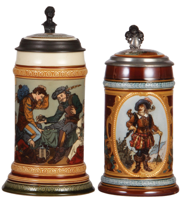 Two Mettlach steins, .5L, 2441, etched, inlaid lid, music box base, mint; with, .5L, 1998, etched, Trumpeter of Säckingen, inlaid lid, mint.  