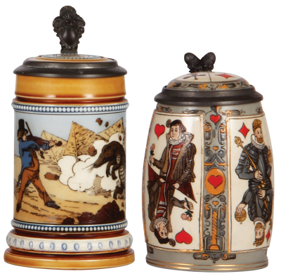 Two Mettlach steins, .5L, 1132, etched, inlaid lid, two handle flakes; with, .5L, 2093, etched, inlaid lid, mint.