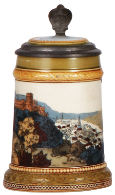 Mettlach stein, .3L, 2277, etched, Heidelberg, inlaid lid, mint.