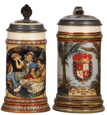 Two Mettlach steins, .5L, 2716, etched, inlaid lid, mint; with, .5L, 2373, etched, St. Augustine, inlaid lid, mint.
