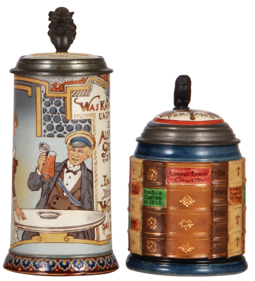 Two Mettlach steins, .5L, 2520, etched, by H. Schlitt, inlaid lid, mint; with, .5L, 2001A, decorated relief, Law Book Stein, inlaid lid, mint.