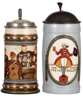 Two Mettlach steins, .5L, 2051, etched, inlaid lid, mint; with, 1.0L, 3005, etched, by F. Ringer, pewter lid, mint.