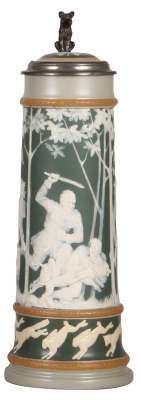 Mettlach stein, 2.5L, 16.6" ht., 2631, cameo, by Stahl, inlaid lid, mint.