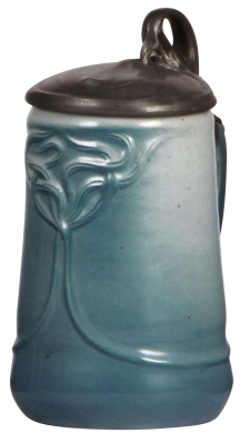 Stoneware stein, .5L, by Jacob Scharvogel, München, Art Nouveau, rare blue/green glaze, pewter lid, mint.