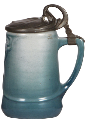 Stoneware stein, .5L, by Jacob Scharvogel, München, Art Nouveau, rare blue/green glaze, pewter lid, mint. - 2