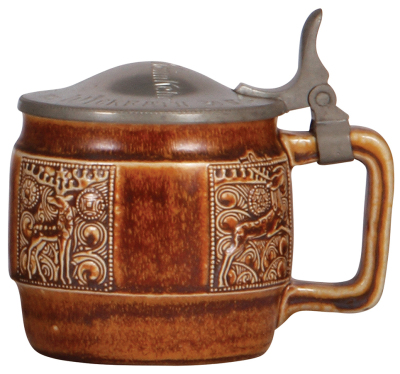 Stoneware stein, .5L, relief, marked Reinhold Merkelbach, 2138, by Albin Müller, brown saltglaze, Art Nouveau, pewter lid, mint.