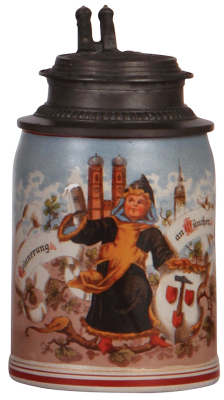 Stoneware stein, .5L, transfer & hand-painted, marked Pauson München, Münchener Kindl, pewter lid, mint.