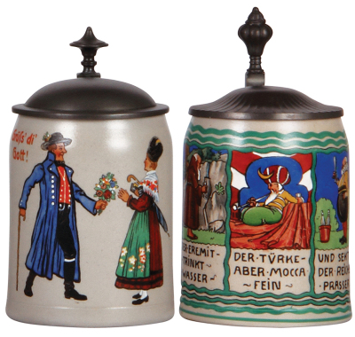 Two stoneware steins, .5L, transfer & hand-painted, Bavarians, pewter lid, mint; with, .5L, transfer & hand-painted, by F. Ringer, pewter lid, mint.