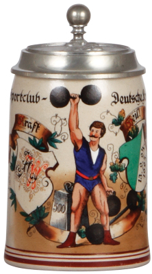 Stoneware stein, .5L, transfer & hand-painted, marked Marzi & Remy, weight lifter, Gew. v. Sportclub Deutsche Kraft, 13.9.94. 1923, relief pewter lid: weightlifter, mint.