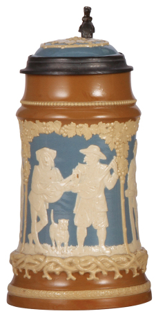 Mettlach stein, 1.0L, 2547, relief, by Stahl, inlaid lid, mint.