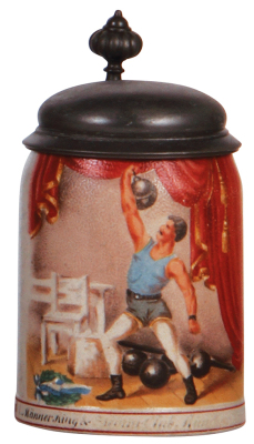 Stoneware stein, .5L, transfer & hand-painted, weightlifter, pewter lid, inscription is worn, otherwise mint.